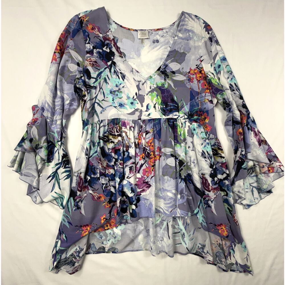 Cupio floral tunic V-neckline tiered ruffle sleeves Sz L - Picture 3 of 12